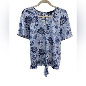 eclair blue floral ruffled short sleeve satin front knot tie